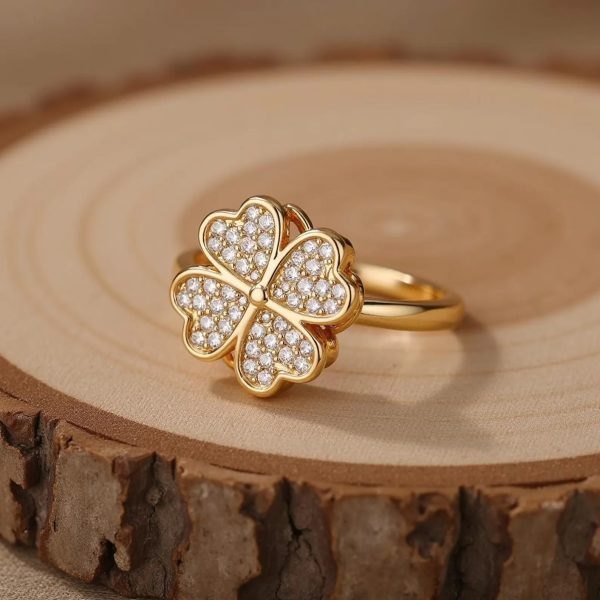 Clover Zircon Rotating Ring – Silver & Golden, Adjustable Spinner Ring Clover Zircon Rotating Ring – Silver & Golden, Adjustable Spinner Ring
