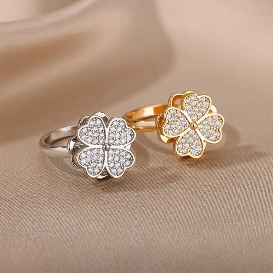 Clover Zircon Rotating Ring – Silver & Golden, Adjustable Spinner Ring Clover Zircon Rotating Ring – Silver & Golden, Adjustable Spinner Ring