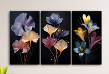 Set Of 3 Flowers Art Wooden Frames For Wall Decoration / Sticky Photo Tiles