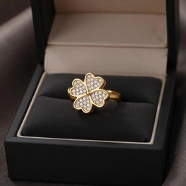 Clover Zircon Rotating Ring – Silver & Golden, Adjustable Spinner Ring