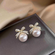 Bow Sparkle Diamond Pearl Stud Earrings / Pearl Earrings Women’s Earrings