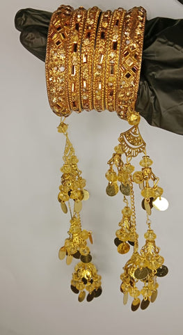 Luxurious Bridal Golden Bangles Set With Intricate Stonework And Traditional Hanging Kaleere For Weddings And Special Occasions 2.5inch (without Box)