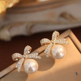 Bow Sparkle Diamond Pearl Stud Earrings / Pearl Earrings Women’s Earrings